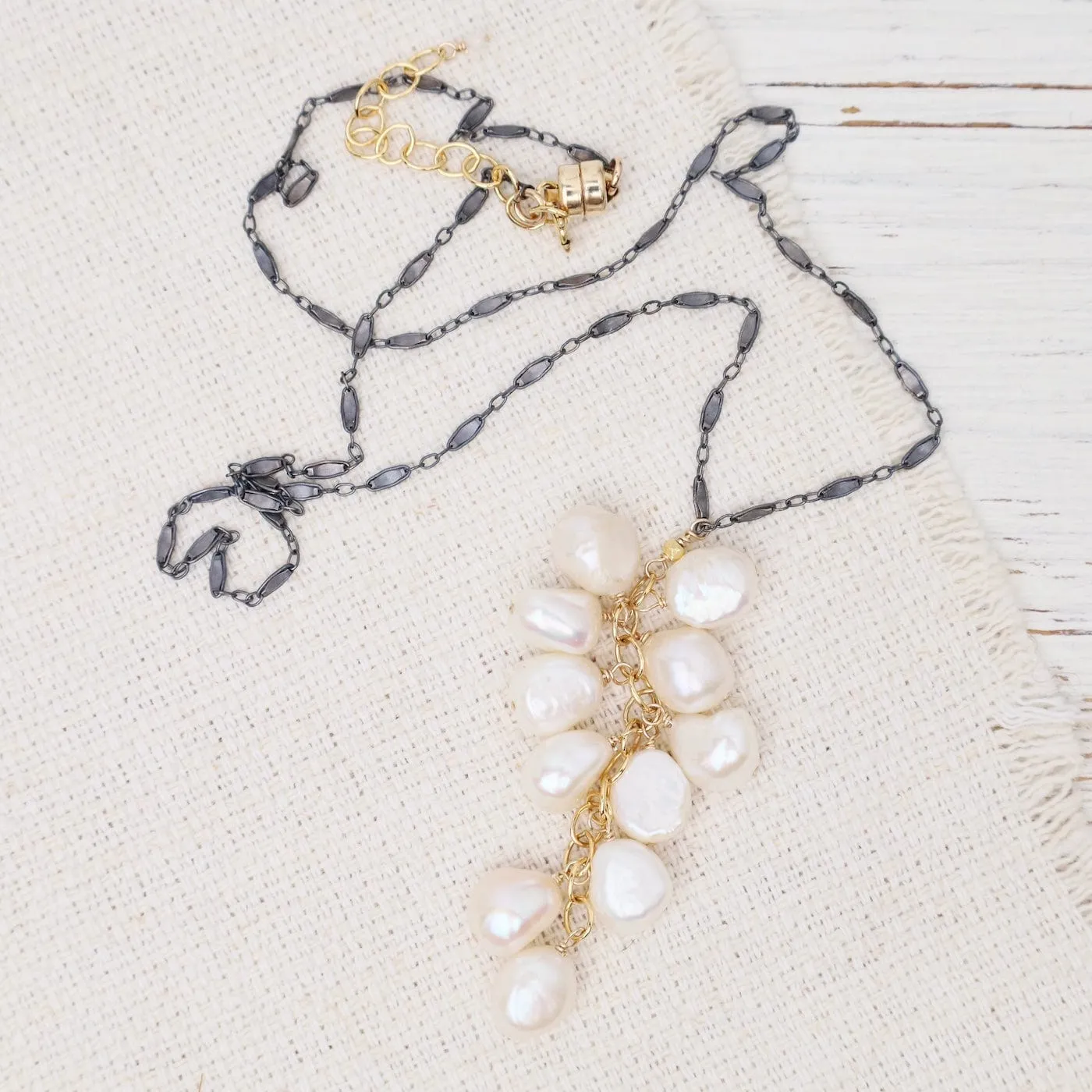 Waterfall Pearl Necklace Oxidized Sterling Silver Necklace